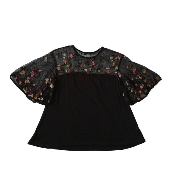 Kim & Cami Black Mesh Flutter Sleeve Embroidered Flowers Blouse Women's Small - Picture 2 of 11